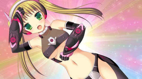 Anime picture 1280x720 with kessen! long hair open mouth light erotic blonde hair wide image twintails green eyes game cg girl gloves navel elbow gloves headphones