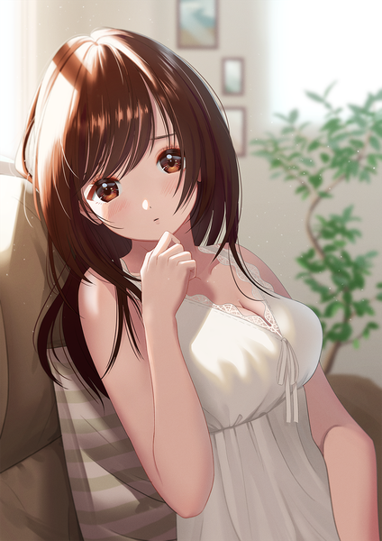 Anime picture 955x1351 with original mueririko single long hair tall image looking at viewer blush fringe breasts brown hair sitting bare shoulders brown eyes cleavage indoors arm up sunlight blurry depth of field sleeveless