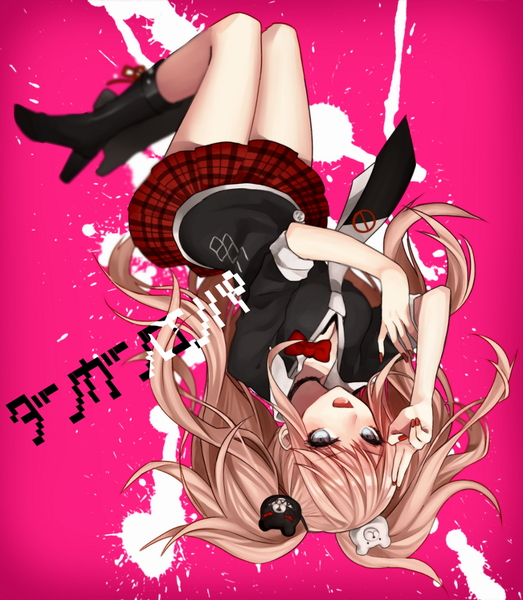 Anime picture 872x1000 with dangan ronpa enoshima junko akira919 single long hair tall image looking at viewer open mouth blue eyes blonde hair full body girl skirt uniform hair ornament school uniform necktie boots red skirt