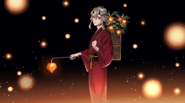 Anime picture 1340x749 with original kurayoshi samu (sum) single looking at viewer fringe short hair hair between eyes red eyes wide image standing holding silver hair traditional clothes japanese clothes horn (horns) fingernails wide sleeves glowing black background long fingernails