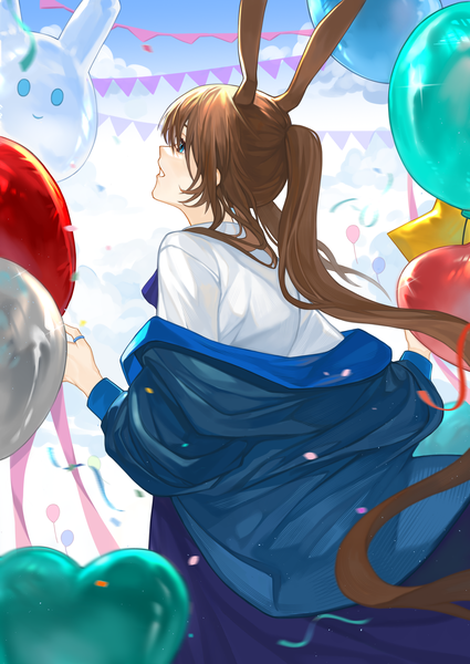 Anime picture 2194x3095 with arknights amiya (arknights) yowza single long hair tall image highres blue eyes brown hair animal ears looking away ponytail profile bunny ears girl balloon confetti string of flags