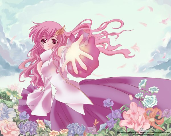 Anime picture 1280x1024 with gundam seed lacus clyne carnelian enchantment single long hair looking at viewer fringe open mouth hair between eyes red eyes signed pink hair sky cloud (clouds) outdoors floating hair wavy hair vector outstretched hand