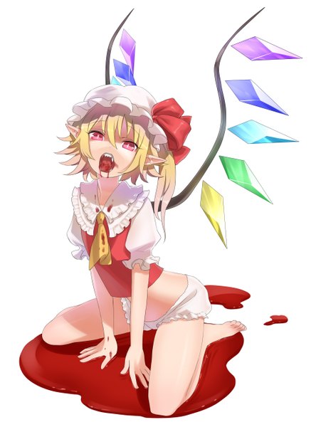 Anime picture 1920x2633 with touhou flandre scarlet puchiman single tall image highres short hair open mouth light erotic simple background blonde hair red eyes white background pointy ears teeth fang (fangs) one side up vampire girl wings