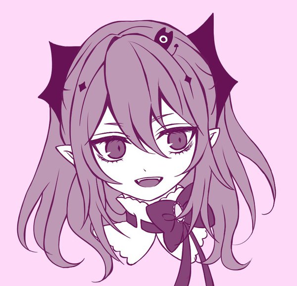 Anime picture 831x800 with owari no seraph wit studio kururu tepes tagme (artist) single long hair fringe simple background hair between eyes looking away pointy ears fang (fangs) portrait pink background vampire polychromatic girl hair ornament bow detached collar