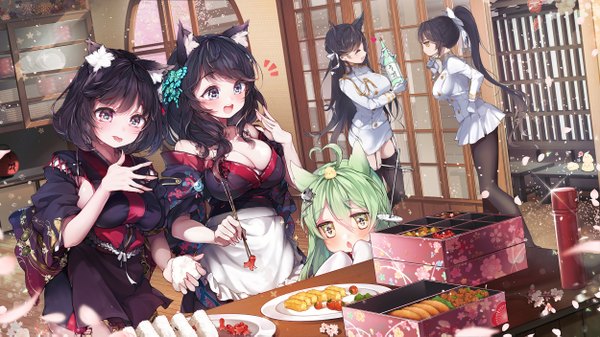 Anime picture 2500x1406 with azur lane atago (azur lane) takao (azur lane) yamashiro (azur lane) akashi (azur lane) fusou (azur lane) kanola u long hair blush fringe highres short hair breasts open mouth light erotic black hair smile hair between eyes wide image large breasts