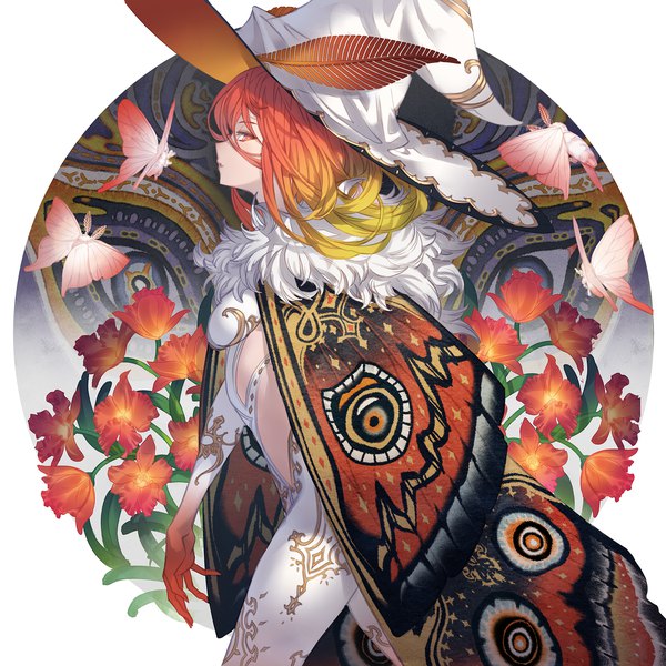 Anime picture 2000x2000 with original makai no juumin single long hair looking at viewer fringe highres breasts hair between eyes red eyes red hair parted lips profile fur trim gradient hair walking insect wings butterfly wings girl flower (flowers)