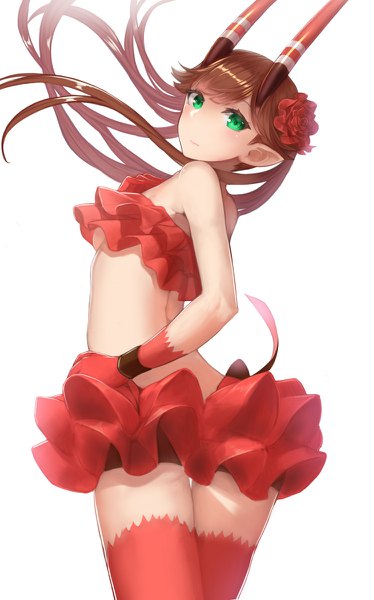 Anime picture 748x1200 with c: the money of soul and possibility control mashu (c) mizuya nao single long hair tall image light erotic simple background brown hair white background twintails bare shoulders green eyes looking back hair flower horn (horns) pointy ears girl thighhighs gloves