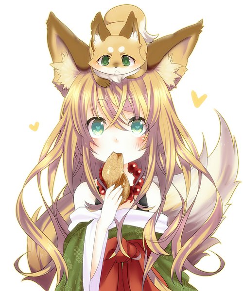 Anime picture 800x960 with original mofuaki single long hair tall image looking at viewer blush simple background blonde hair white background bare shoulders green eyes animal ears tail traditional clothes japanese clothes animal tail fox ears fox tail fox girl