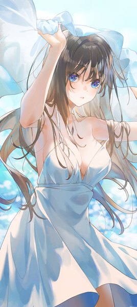 Anime picture 2911x6528 with original swkl:d single long hair tall image looking at viewer fringe highres breasts blue eyes light erotic brown hair large breasts standing bare shoulders holding signed cleavage outdoors blunt bangs