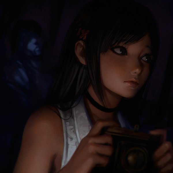 Anime picture 1080x1080 with fatal frame fatal frame 5 hinasaki miu ilya kuvshinov single long hair blush fringe black hair simple background bare shoulders holding looking away indoors lips dark background eyebrows eyeshadow girl shirt