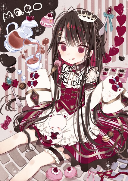 Anime picture 2594x3663 with virtual youtuber macful channel mako mikku kotamun single long hair tall image fringe highres red eyes brown hair sitting bare legs character names sleeves past wrists lolita fashion :q sweet lolita girl food