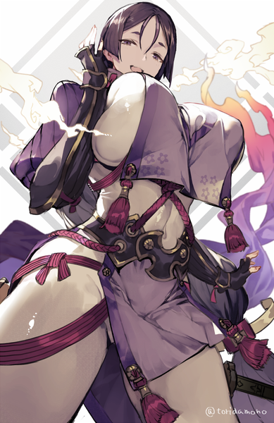 Anime picture 584x900 with fate (series) fate/grand order minamoto no raikou (fate) toridamono single tall image looking at viewer breasts open mouth light erotic standing purple eyes signed purple hair very long hair :d from below twitter username huge breasts girl