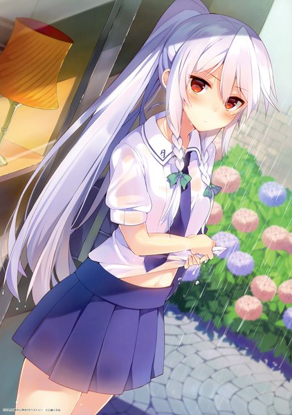 Anime picture 3023x4300 with original tierra azur (mishima kurone) mishima kurone single long hair tall image looking at viewer blush fringe highres hair between eyes red eyes standing signed payot absurdres outdoors white hair ponytail braid (braids)