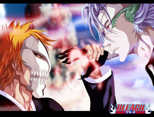 Anime picture 1200x910 with bleach studio pierrot kurosaki ichigo grimmjow jeagerjaques hollowcn long hair short hair yellow eyes blue hair sky traditional clothes japanese clothes profile pink eyes orange hair inscription multiple boys coloring letterboxed smoke
