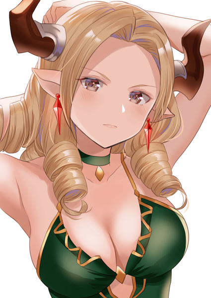 Anime picture 1000x1412 with granblue fantasy maria theresa (granblue fantasy) myusha single long hair tall image looking at viewer blush breasts light erotic simple background blonde hair large breasts white background brown eyes cleavage upper body horn (horns) pointy ears arms up