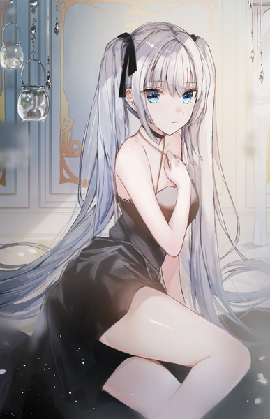 Anime picture 581x900 with original naru (ul) single tall image fringe breasts blue eyes hair between eyes sitting twintails bare shoulders silver hair indoors very long hair sunlight blurry arm support depth of field sleeveless thighs