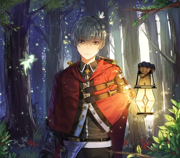 Anime picture 1500x1318 with original kim eb single fringe short hair yellow eyes upper body arm up grey hair looking down shaded face fantasy fairy boy plant (plants) tree (trees) insect butterfly forest lantern