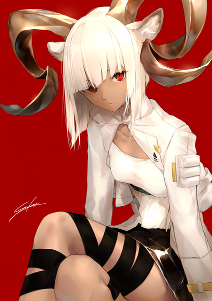 Anime picture 1447x2046 with arknights carnelian (arknights) sakusyo single tall image looking at viewer fringe short hair simple background red eyes sitting signed animal ears white hair blunt bangs horn (horns) crossed legs dark skin red background girl