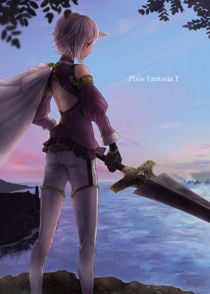 Anime picture 1000x1400 with original pixiv fantasia pixiv fantasia t bacopa single tall image short hair blue eyes bare shoulders holding looking away sky cloud (clouds) white hair horn (horns) from behind girl gloves weapon detached sleeves