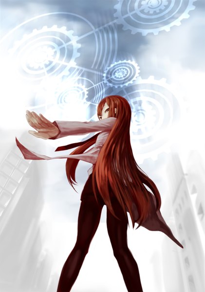 Anime picture 1200x1710 with steins;gate white fox makise kurisu single long hair tall image brown hair brown eyes looking back girl necktie labcoat
