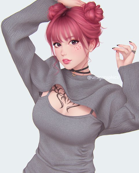 Anime picture 1000x1250 with original umigraphics single tall image looking at viewer fringe short hair breasts simple background standing signed pink hair upper body blunt bangs long sleeves nail polish parted lips pink eyes lips realistic