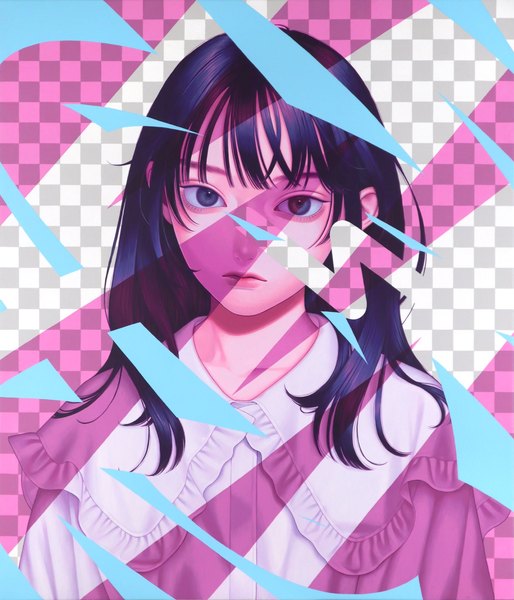 Anime picture 1756x2048 with original konno mayumi single long hair tall image looking at viewer fringe highres blue eyes blue hair upper body monochrome checkered girl frills