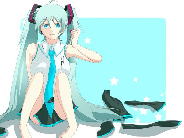 Anime picture 3200x2400 with vocaloid hatsune miku highres blue eyes twintails absurdres ahoge green hair clothes on floor girl necktie headphones