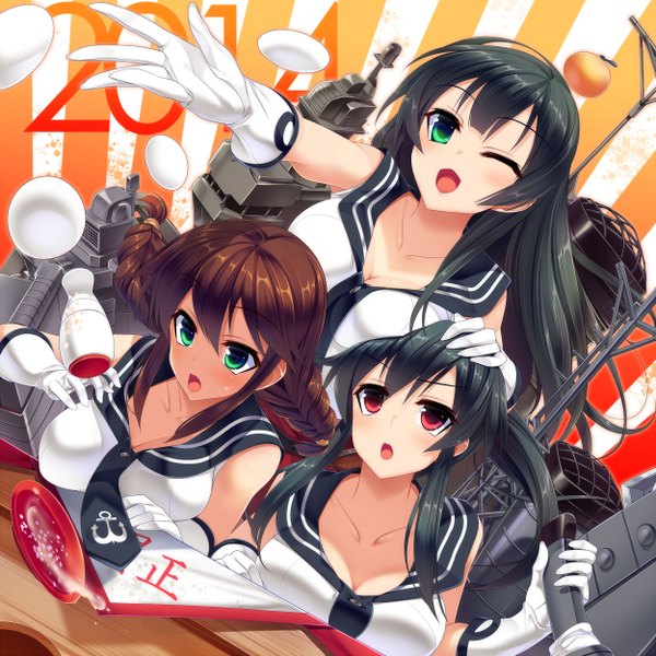 Anime picture 1250x1250 with kantai collection yahagi light cruiser noshiro light cruiser agano light cruiser dragonmaterial long hair blush open mouth light erotic black hair red eyes brown hair twintails multiple girls green eyes one eye closed wink girl gloves weapon