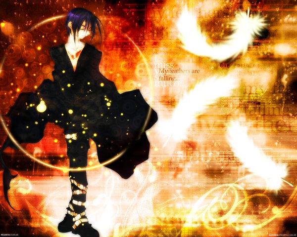 Anime picture 1280x1024 with d.n.angel xebec dark mousy sugisaki yukiru single short hair standing purple hair eyes closed third-party edit boy feather (feathers)