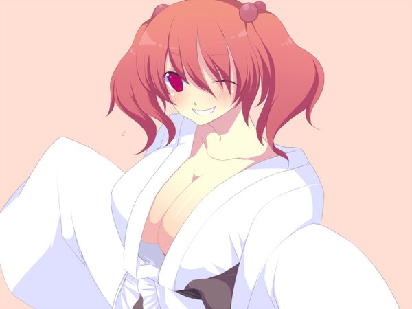 Anime picture 1333x1000 with touhou onozuka komachi harano short hair breasts light erotic smile red eyes red hair japanese clothes one eye closed wink girl kimono