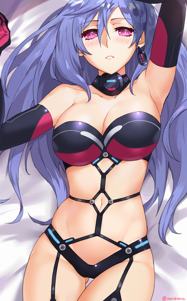 Anime picture 1196x1920 with choujigen game neptune kami jigen game neptune v iris heart sendrawz single long hair tall image looking at viewer blush fringe breasts light erotic hair between eyes large breasts purple eyes signed blue hair cleavage lying parted lips