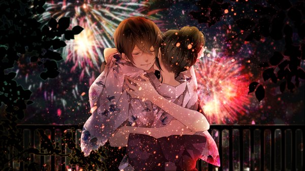 Anime picture 1000x562 with nico nico singer nico nico douga shoose tararararam blush short hair brown hair wide image eyes closed traditional clothes japanese clothes from behind night couple hug back glowing happy fireworks girl