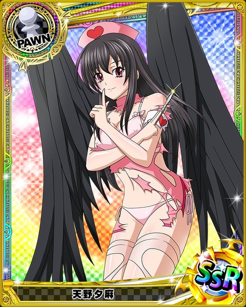 Anime picture 640x800 with highschool dxd raynare (dxd) single long hair tall image looking at viewer light erotic black hair purple eyes torn clothes card (medium) nurse girl thighhighs uniform underwear panties white thighhighs wings lingerie