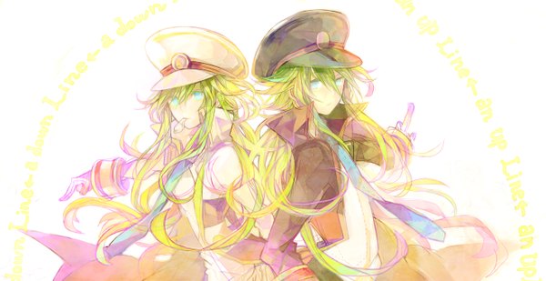 Anime picture 1320x680 with pokemon pokemon black and white nintendo n (pokemon) 10t (pixiv) long hair blue eyes wide image green hair back to back dual persona dress boy gloves necktie peaked cap