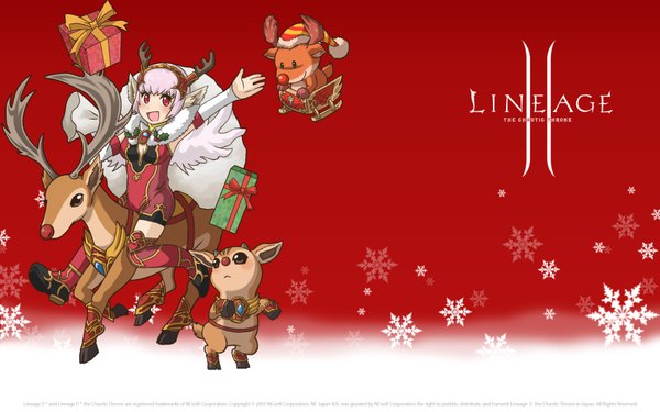 Anime picture 1680x1050 with lineage (game) blush short hair red eyes wide image animal ears pink hair girl gift snowflake (snowflakes) deer reindeer