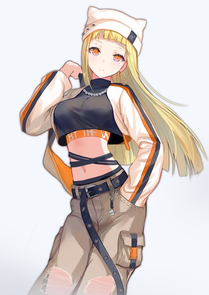 Anime picture 827x1169 with original lloule single long hair tall image looking at viewer blush fringe breasts simple background blonde hair standing payot blunt bangs head tilt arm up grey background mole orange eyes mole under eye