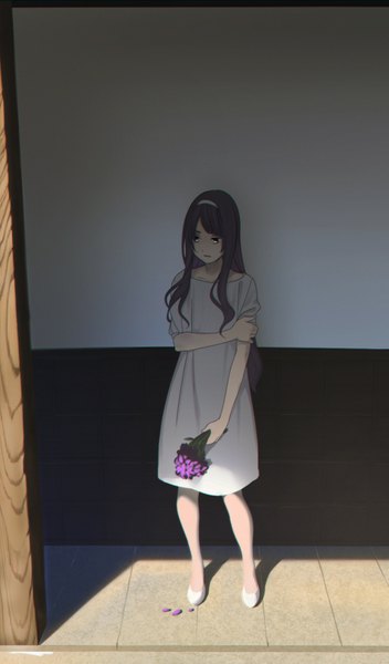Anime picture 948x1613 with original revolmxd single long hair tall image purple hair black eyes shadow looking down girl dress flower (flowers) petals hairband white dress bouquet