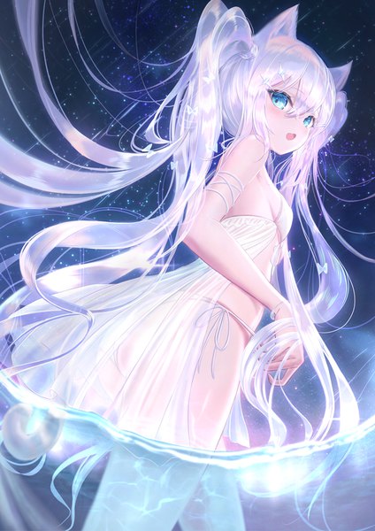 Anime picture 774x1095 with original hou no ka single long hair tall image looking at viewer fringe open mouth blue eyes light erotic smile hair between eyes standing twintails animal ears silver hair tail :d animal tail cat ears