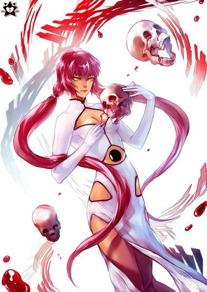 Anime picture 706x1000 with bleach original studio pierrot e-x-p-i-e single long hair tall image looking at viewer standing twintails yellow eyes pink hair cleavage espada arrancar girl dress blood skull