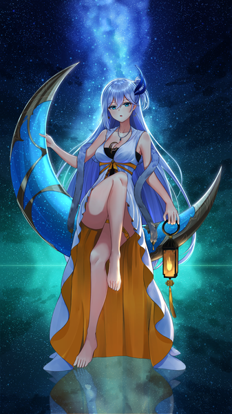 Anime picture 2160x3840 with honkai impact 3rd honkai (series) cecilia schariac aircell single long hair tall image looking at viewer blush fringe highres breasts open mouth blue eyes hair between eyes sitting bare shoulders holding blue hair full body