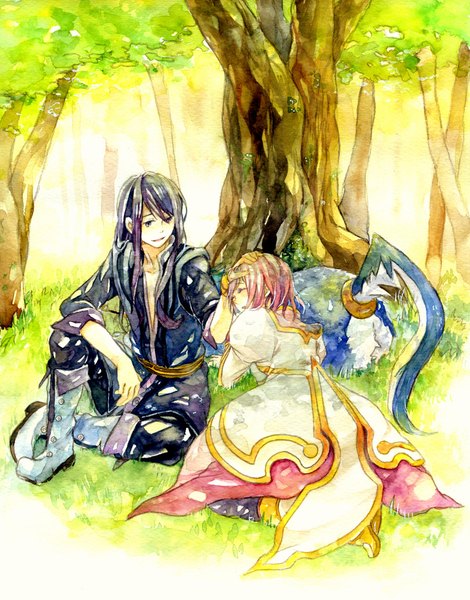 Anime picture 811x1035 with tales of (series) tales of vesperia yuri lowell estellise sidos heurassein repede kama (satoyan) long hair tall image short hair black hair smile sitting looking away pink hair eyes closed reclining sleeping traditional media hand on another's head watercolor (medium)