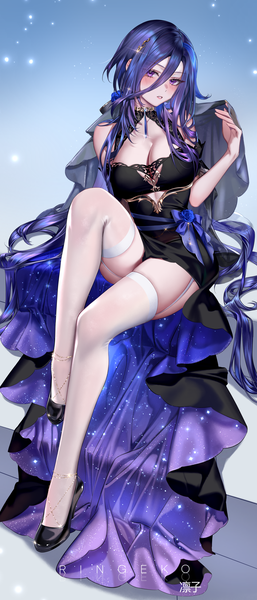 Anime picture 3425x8000 with genshin impact clorinde (genshin impact) ringeko-chan single long hair tall image looking at viewer blush fringe highres breasts light erotic simple background hair between eyes large breasts sitting purple eyes signed absurdres cleavage