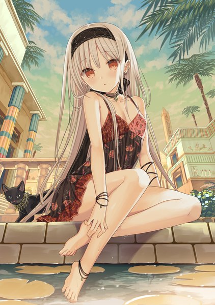 Anime picture 1200x1708 with original yuuki rika single long hair tall image looking at viewer fringe red eyes sitting bare shoulders sky silver hair cloud (clouds) full body bent knee (knees) outdoors barefoot wet soaking feet architecture