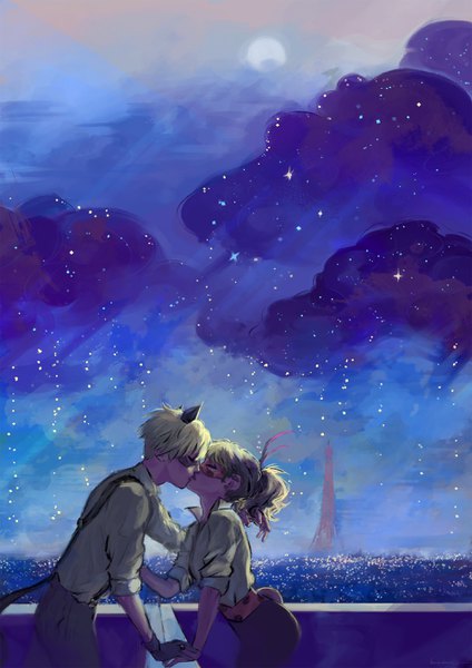 Anime picture 2000x2828 with miraculous ladybug marinette cheng adrien agreste ladybug (character) chat noir eicinic long hair tall image highres short hair blonde hair signed animal ears cloud (clouds) ponytail eyes closed profile cat ears night leaning