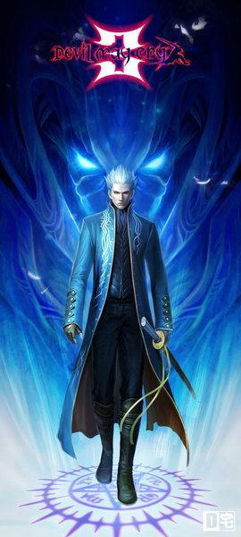 Anime picture 1803x4000 with devil may cry vergil d-zhai single tall image highres short hair blue eyes white hair inscription magic glowing glowing eye (eyes) pentagram boy ribbon (ribbons) weapon sword fingerless gloves neckerchief