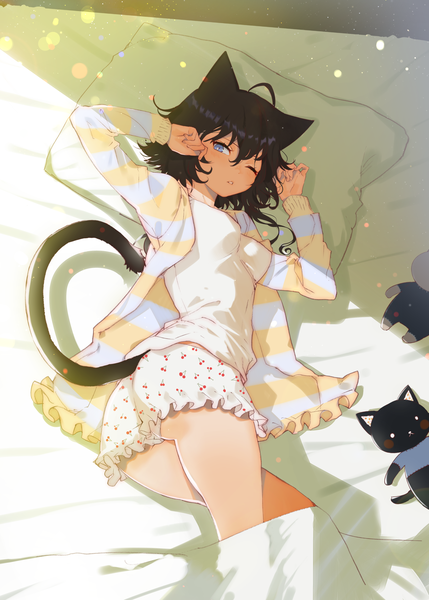 Anime picture 2221x3107 with original arutera single tall image looking at viewer fringe highres short hair breasts blue eyes light erotic black hair hair between eyes animal ears ahoge ass tail lying long sleeves parted lips