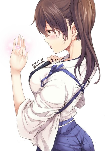 Anime picture 698x1000 with kantai collection kaga aircraft carrier tomozo kaoru long hair tall image blush fringe brown hair brown eyes signed traditional clothes japanese clothes profile glowing side ponytail hand on chest dated girl armor jewelry