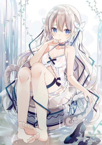 Anime picture 1000x1414 with original yu-ori single long hair tall image looking at viewer blush fringe breasts blue eyes light erotic hair between eyes sitting bare shoulders signed cleavage silver hair full body bent knee (knees) barefoot