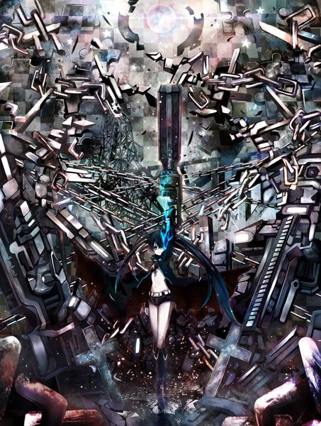 Anime picture 1200x1589 with black rock shooter black rock shooter (character) shino (eefy) single long hair tall image looking at viewer blue eyes standing twintails holding blue hair very long hair midriff glowing scar glowing eye (eyes) pale skin checkered background destruction