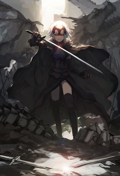 Anime picture 1000x1463 with fate (series) fate/grand order fate/stay night fate/apocrypha jeanne d'arc (fate) (all) jeanne d'arc alter (fate) zen33n single tall image looking at viewer fringe short hair open mouth smile hair between eyes brown eyes silver hair full body sunlight teeth